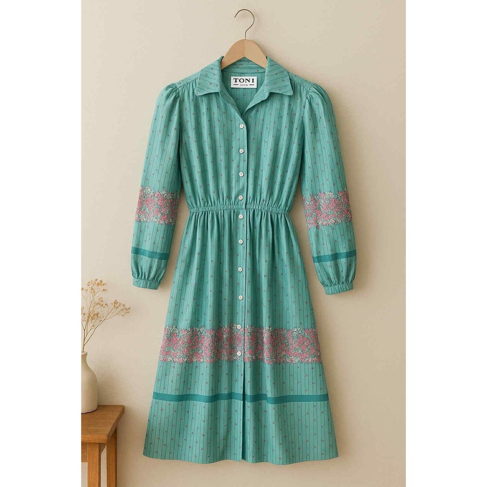 Vintage 70s Prairie Dress | Toni Petite Turquoise Floral Stripe Midi | Size S